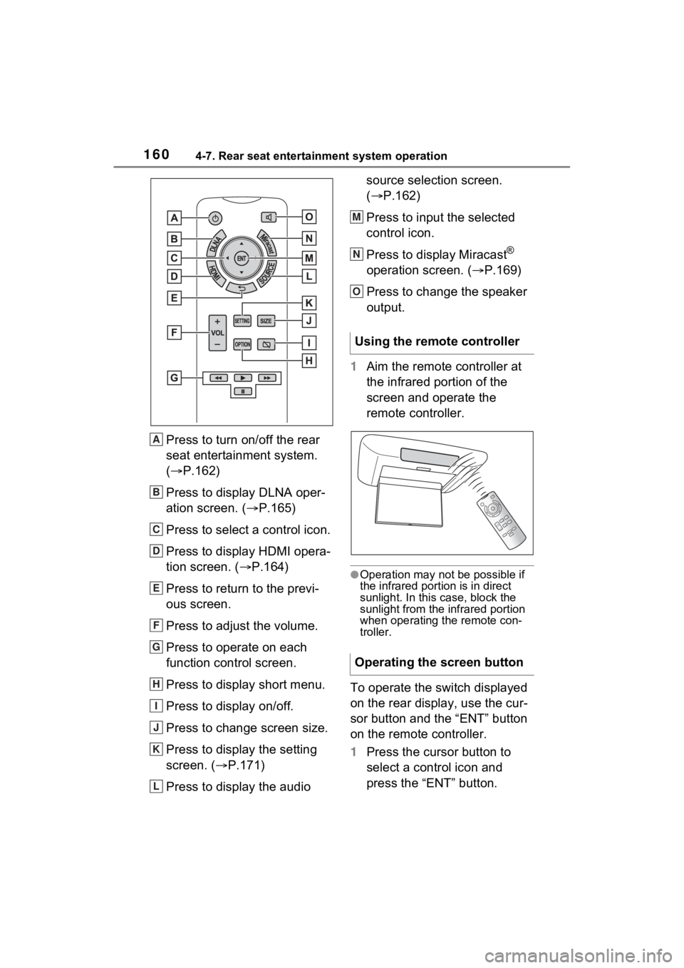 TOYOTA SIENNA HYBRID 2021  Accessories, Audio & Navigation (in English) 1604-7. Rear seat entertainment system operation
Press to turn on/off the rear 
seat entertainment system. 
(P.162)
Press to display DLNA oper-
ation screen. ( P.165)
Press to select a control i