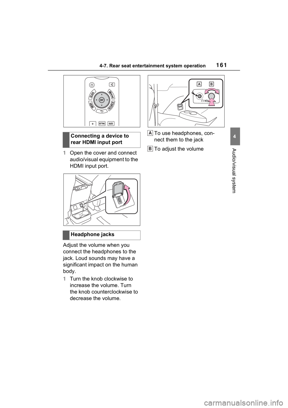 TOYOTA SIENNA HYBRID 2021  Accessories, Audio & Navigation (in English) 1614-7. Rear seat entertainment system operation
4
Audio/visual system
1Open the cover and connect 
audio/visual equipment to the 
HDMI input port.
Adjust the volume when you 
connect the headphones t