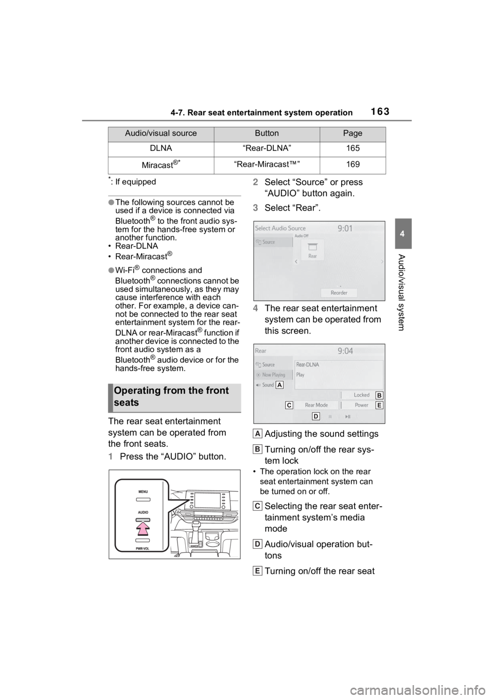 TOYOTA SIENNA HYBRID 2021  Accessories, Audio & Navigation (in English) 1634-7. Rear seat entertainment system operation
4
Audio/visual system
*: If equipped
●The following sources cannot be 
used if a device is connected via 
Bluetooth
® to the front audio sys-
tem fo