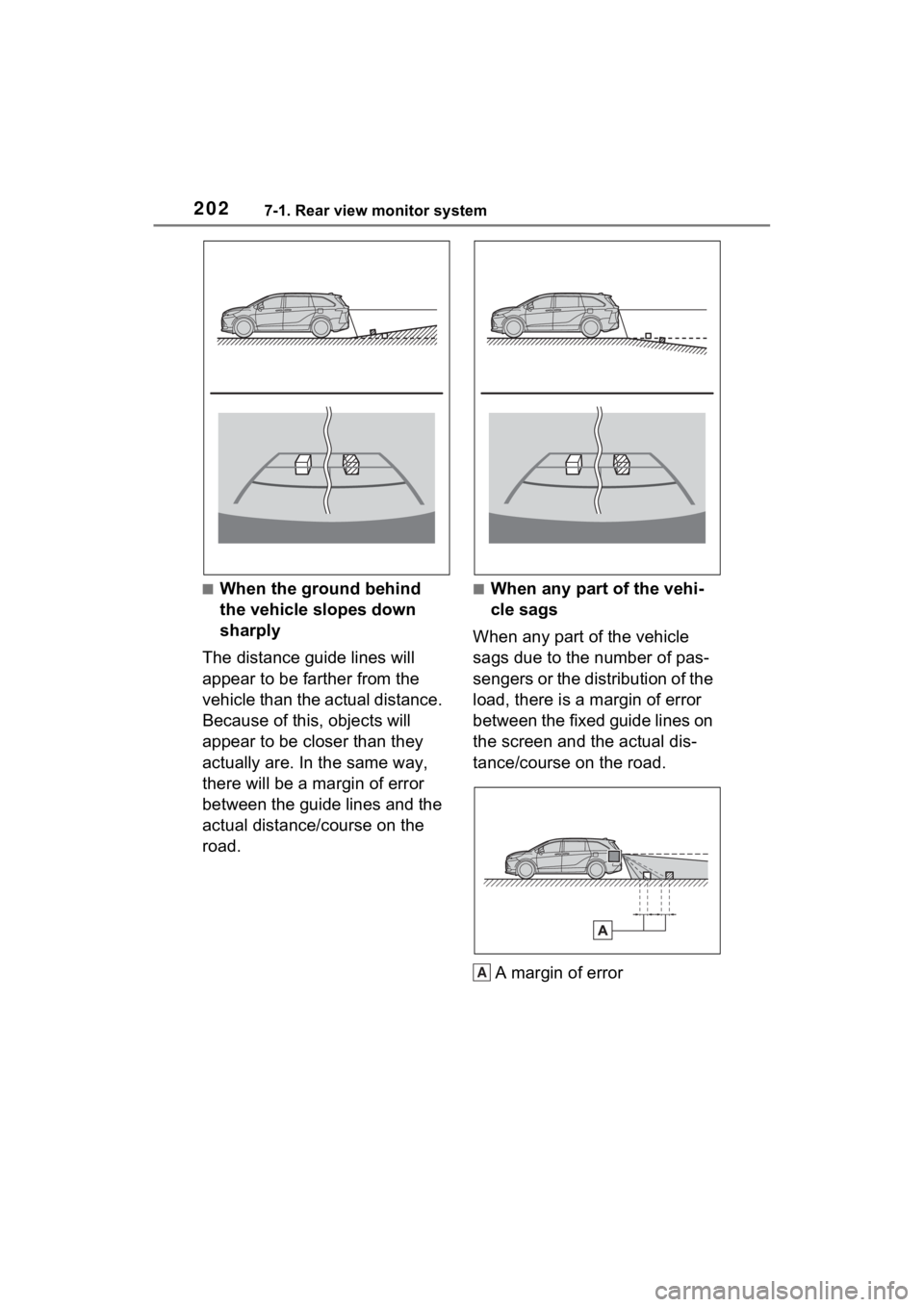 TOYOTA SIENNA HYBRID 2021 Accessories, Audio & Navigation (in English) 2027-1. Rear view monitor system
■When the ground behind
the vehicle slopes down
sharply
The distance guide lines will
appear to be farther from the
vehicle than the actual distance.
Because of TOYOTA SIENNA HYBRID 2021 Accessories, Audio & Navigation (in English) 2027-1. Rear view monitor system
■When the ground behind
the vehicle slopes down
sharply
The distance guide lines will
appear to be farther from the
vehicle than the actual distance.
Because of