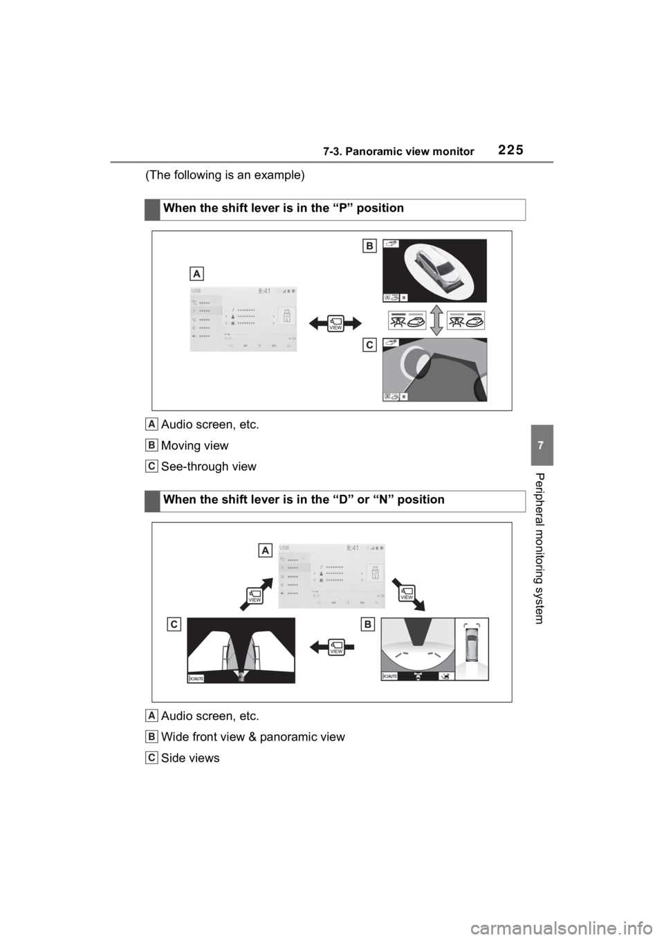 TOYOTA SIENNA HYBRID 2021  Accessories, Audio & Navigation (in English) 2257-3. Panoramic view monitor
7
Peripheral monitoring system
(The following is an example)Audio screen, etc.
Moving view
See-through view
Audio screen, etc.
Wide front view & panoramic view
Side view