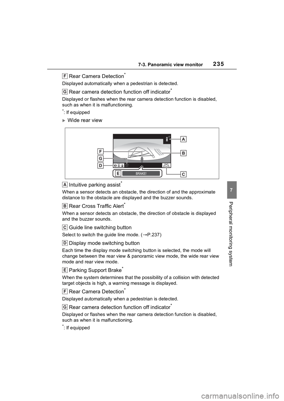 TOYOTA SIENNA HYBRID 2021 Accessories, Audio & Navigation (in English) 2357-3. Panoramic view monitor
7
Peripheral monitoring system
Rear Camera Detection*
Displayed automatically when a pedestrian is detected.
Rear camera detection function off indicator*
Displayed or f TOYOTA SIENNA HYBRID 2021 Accessories, Audio & Navigation (in English) 2357-3. Panoramic view monitor
7
Peripheral monitoring system
Rear Camera Detection*
Displayed automatically when a pedestrian is detected.
Rear camera detection function off indicator*
Displayed or f
