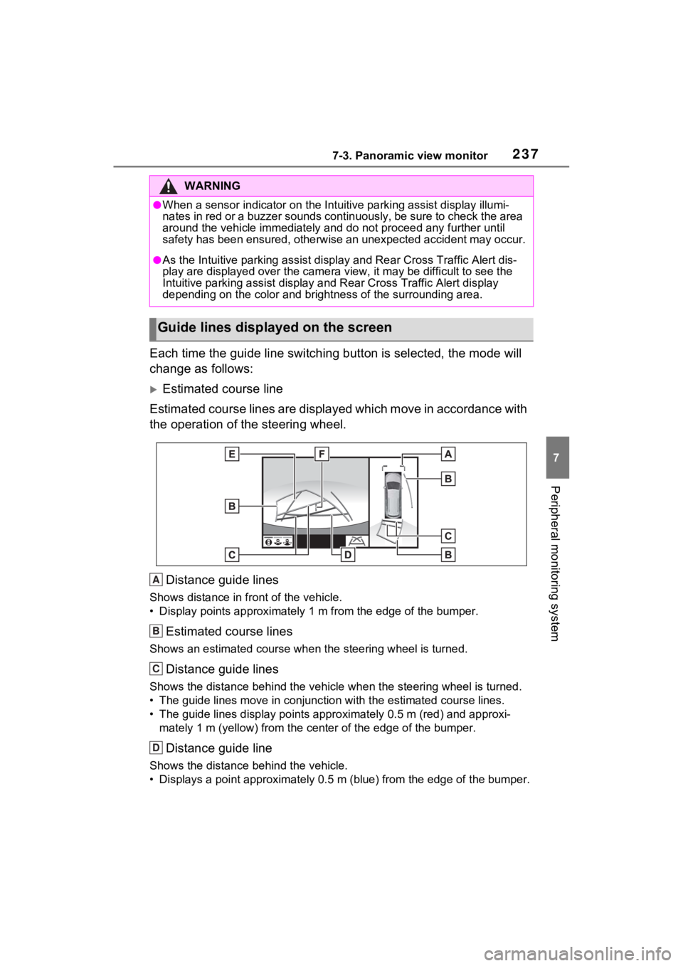 TOYOTA SIENNA HYBRID 2021 Accessories, Audio & Navigation (in English) 2377-3. Panoramic view monitor
7
Peripheral monitoring system
Each time the guide line switching button is selected, the mode will
change as follows:
Estimated course line
Estimated course lines a TOYOTA SIENNA HYBRID 2021 Accessories, Audio & Navigation (in English) 2377-3. Panoramic view monitor
7
Peripheral monitoring system
Each time the guide line switching button is selected, the mode will
change as follows:
Estimated course line
Estimated course lines a