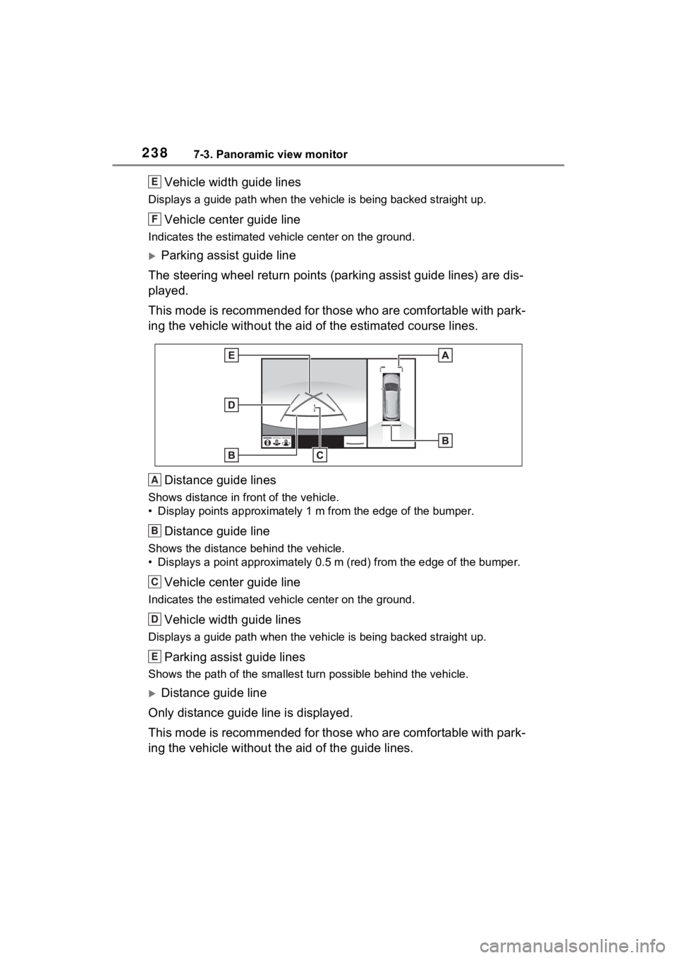 TOYOTA SIENNA HYBRID 2021 Accessories, Audio & Navigation (in English) 2387-3. Panoramic view monitor
Vehicle width guide lines
Displays a guide path w hen the vehicle is being backed straight up.
Vehicle center guide line
Indicates the estimated vehicle center on the g TOYOTA SIENNA HYBRID 2021 Accessories, Audio & Navigation (in English) 2387-3. Panoramic view monitor
Vehicle width guide lines
Displays a guide path w hen the vehicle is being backed straight up.
Vehicle center guide line
Indicates the estimated vehicle center on the g