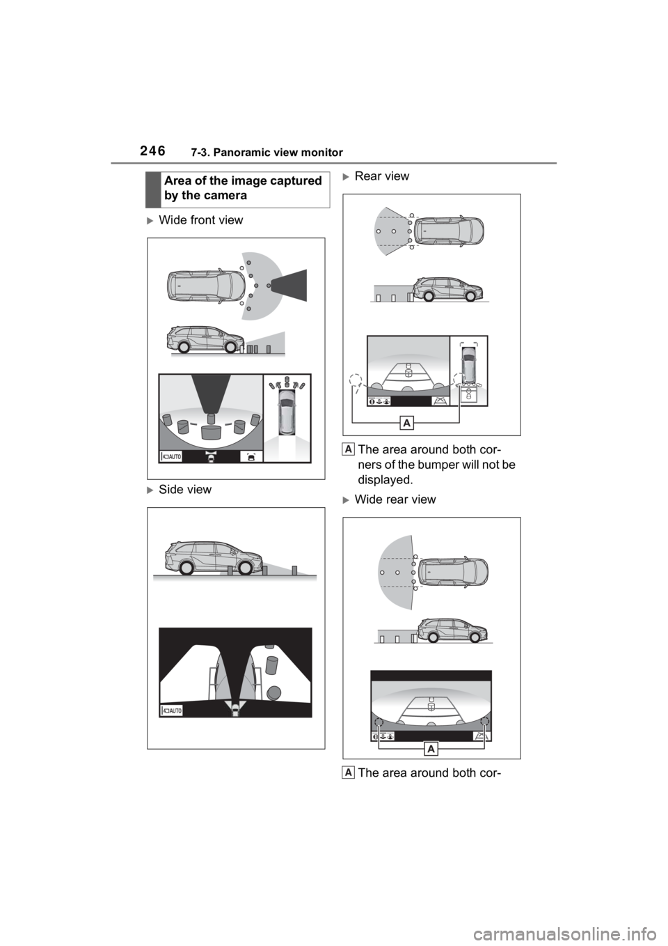 TOYOTA SIENNA HYBRID 2021 Accessories, Audio & Navigation (in English) 2467-3. Panoramic view monitor
Wide front view
Side view
Rear view
The area around both cor-
ners of the bumper will not be
displayed.
Wide rear viewThe area around both cor-
Area of the TOYOTA SIENNA HYBRID 2021 Accessories, Audio & Navigation (in English) 2467-3. Panoramic view monitor
Wide front view
Side view
Rear view
The area around both cor-
ners of the bumper will not be
displayed.
Wide rear viewThe area around both cor-
Area of the