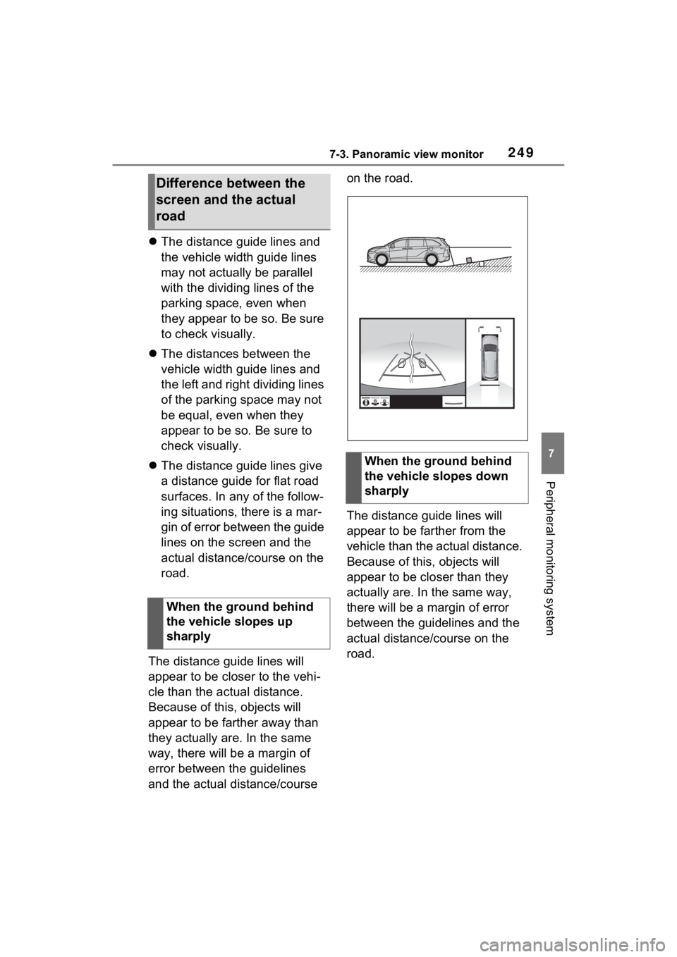 TOYOTA SIENNA HYBRID 2021 Accessories, Audio & Navigation (in English) 2497-3. Panoramic view monitor
7
Peripheral monitoring system
The distance guide lines and
the vehicle width guide lines
may not actually be parallel
with the dividing lines of the
parking spac TOYOTA SIENNA HYBRID 2021 Accessories, Audio & Navigation (in English) 2497-3. Panoramic view monitor
7
Peripheral monitoring system
The distance guide lines and
the vehicle width guide lines
may not actually be parallel
with the dividing lines of the
parking spac