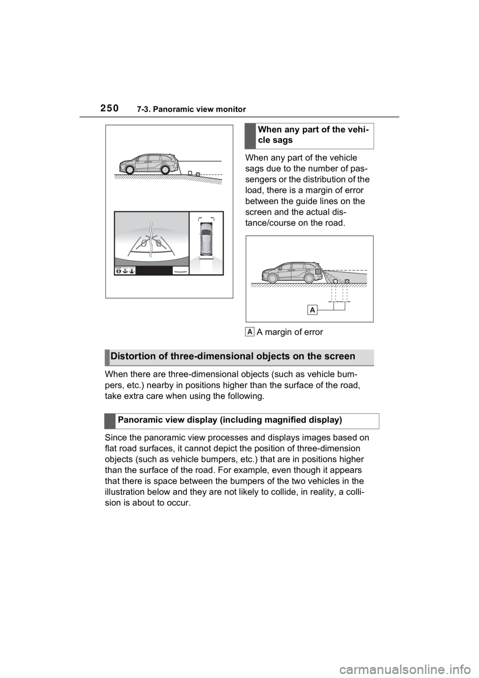TOYOTA SIENNA HYBRID 2021 Accessories, Audio & Navigation (in English) 2507-3. Panoramic view monitor
When any part of the vehicle
sags due to the number of pas-
sengers or the distribution of the
load, there is a margin of error
between the guide lines on the
screen TOYOTA SIENNA HYBRID 2021 Accessories, Audio & Navigation (in English) 2507-3. Panoramic view monitor
When any part of the vehicle
sags due to the number of pas-
sengers or the distribution of the
load, there is a margin of error
between the guide lines on the
screen