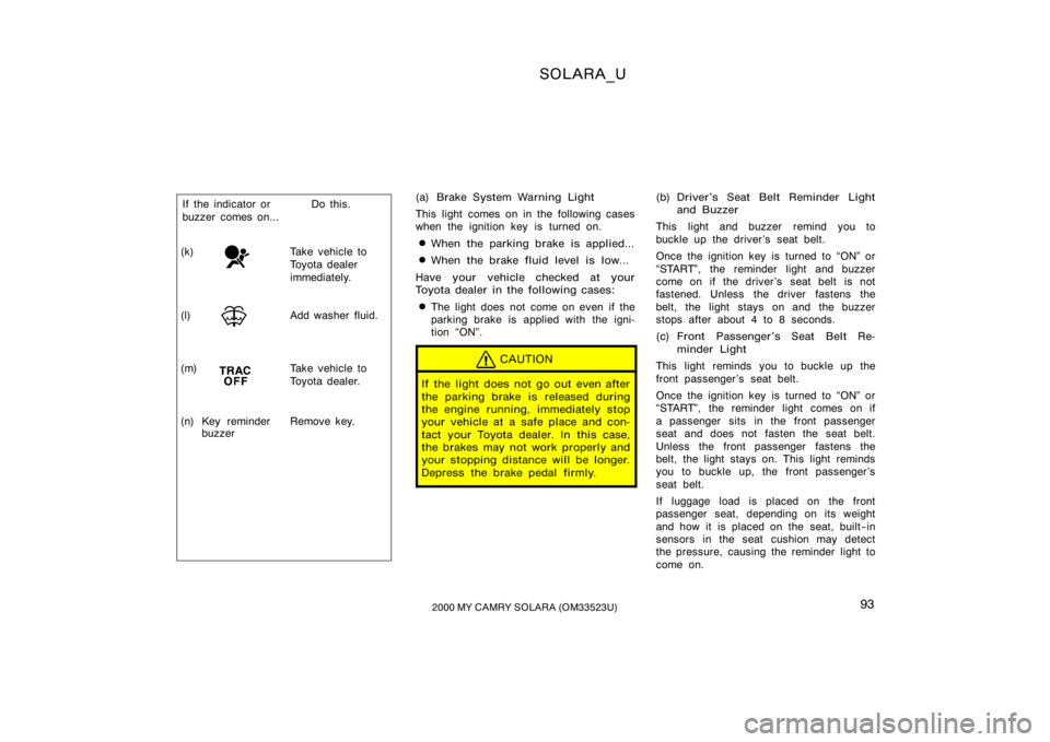 TOYOTA SOLARA 2000  Owners Manual (in English) SOLARA_U
932000 MY CAMRY SOLARA (OM33523U)
(l) Add washer fluid.
(m) Take vehicle to 
Toyota dealer.
(n) Remove key.
Key reminder
buzzer
(k) Take vehicle to 
Toyota dealer
immediately.
If the indicato