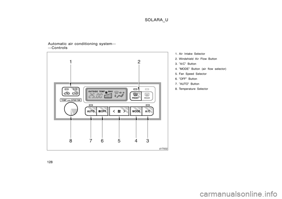 TOYOTA SOLARA 2000  Owners Manual (in English) SOLARA_U
128
1. Air Intake Selector
2. Windshield Air Flow Button
3. "A/C" Button
4. "MODE" Button (air flow selector)
5. Fan Speed Selector
6. "OFF" Button
7. "AUTO" B