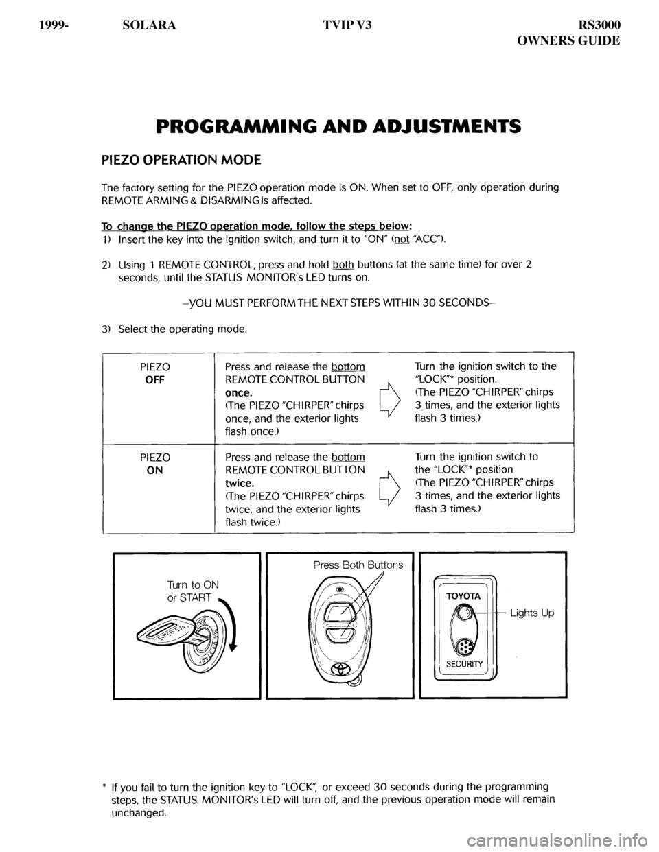 TOYOTA SOLARA 2000 Accessories, Audio & Navigation (in English)
1999- SOLARA TVIP V3 RS3000
OWNERS GUIDE TOYOTA SOLARA 2000 Accessories, Audio & Navigation (in English)
1999- SOLARA TVIP V3 RS3000
OWNERS GUIDE