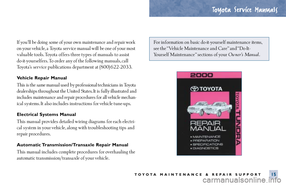 TOYOTA SOLARA 2000 Warranties & Maintenance Guides (in English) If you’ ll be doing some of your own maintenance and repair work
on your vehicle, a Toyota service manual will be one of your most
valuable tools. Toyota offers three types of manuals to assist TOYOTA SOLARA 2000 Warranties & Maintenance Guides (in English) If you’ ll be doing some of your own maintenance and repair work
on your vehicle, a Toyota service manual will be one of your most
valuable tools. Toyota offers three types of manuals to assist