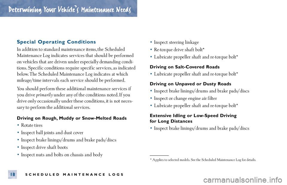 TOYOTA SOLARA 2000 Warranties & Maintenance Guides (in English) SCHEDULED MAINTENANCE LOGS18
Determining Your Vehicle’s Maintenance Needs
Special Operating Conditions
In addition to standard maintenance items, the Scheduled
Maintenance Log indicates services TOYOTA SOLARA 2000 Warranties & Maintenance Guides (in English) SCHEDULED MAINTENANCE LOGS18
Determining Your Vehicle’s Maintenance Needs
Special Operating Conditions
In addition to standard maintenance items, the Scheduled
Maintenance Log indicates services