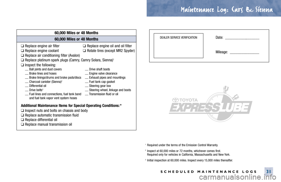 TOYOTA SOLARA 2000 Warranties & Maintenance Guides (in English) Maintenance Log.
. Cars & Sienna
SCHEDULED MAINTENANCE LOGS31
60,000 Miles or 48 Months
❑Replace engine air filter❑Replace engine oil and oil filter
❑Replace engine coolant❑Rotate tires (excep TOYOTA SOLARA 2000 Warranties & Maintenance Guides (in English) Maintenance Log.
. Cars & Sienna
SCHEDULED MAINTENANCE LOGS31
60,000 Miles or 48 Months
❑Replace engine air filter❑Replace engine oil and oil filter
❑Replace engine coolant❑Rotate tires (excep