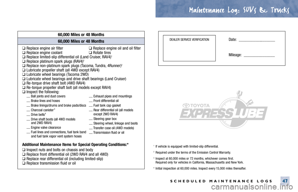 TOYOTA SOLARA 2000 Warranties & Maintenance Guides (in English) Maintenance Log.
. SUVs & Trucks
SCHEDULED MAINTENANCE LOGS47
60,000 Miles or 48 Months
❑Replace engine air filter❑ Replace engine oil and oil filter❑Replace engine coolant❑ Rotate tires❑Rep TOYOTA SOLARA 2000 Warranties & Maintenance Guides (in English) Maintenance Log.
. SUVs & Trucks
SCHEDULED MAINTENANCE LOGS47
60,000 Miles or 48 Months
❑Replace engine air filter❑ Replace engine oil and oil filter❑Replace engine coolant❑ Rotate tires❑Rep