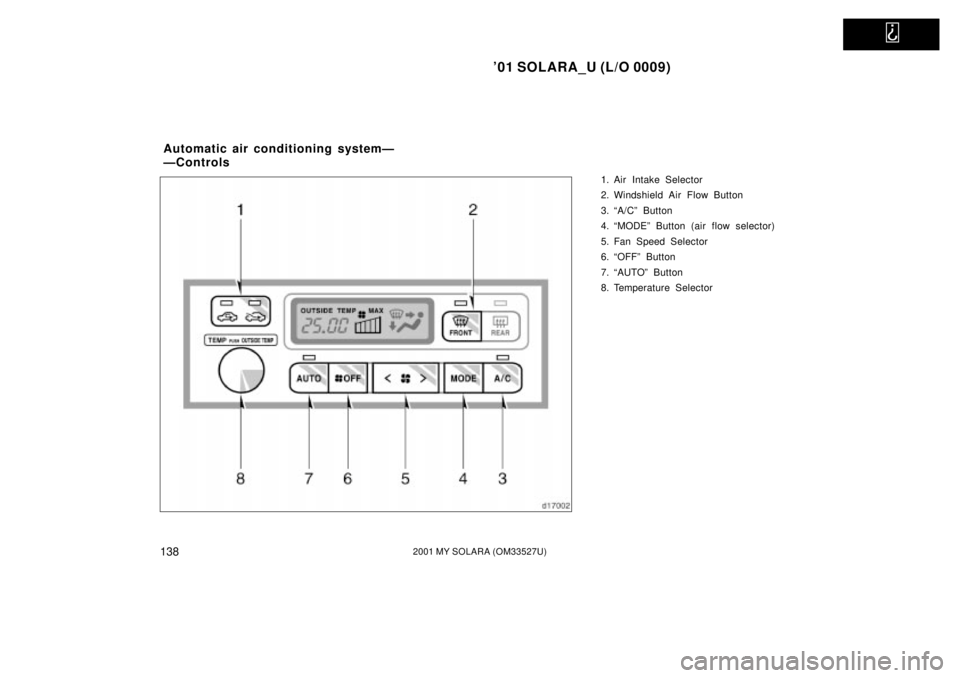 TOYOTA SOLARA 2001  Owners Manual (in English)   
01 SOLARA_U (L/O 0009)
1382001 MY SOLARA (OM33527U)
1. Air Intake Selector
2. Windshield Air Flow Button
3. ªA/Cº Button
4. ªMODEº Button (air flow selector)
5. Fan Speed Selector
6. ªOFFº B