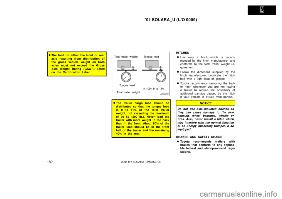 TOYOTA SOLARA 2001  Owners Manual (in English)   
01 SOLARA_U (L/O 0009)
1822001 MY SOLARA (OM33527U)
The load on either the front or rear
axle resulting from distribution of
the gross vehicle weight on both
axles must not exceed the Gross
Axle 
