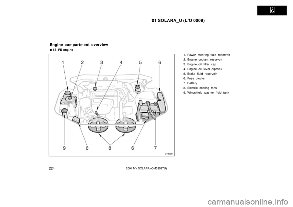 TOYOTA SOLARA 2001 Owners Manual (in English)
01 SOLARA_U (L/O 0009)
2242001 MY SOLARA (OM33527U)
1. Power steering fluid reservoir
2. Engine coolant reservoir
3. Engine oil filler cap
4. Engine oil level dipstick
5. Brake fluid reservoir
6. TOYOTA SOLARA 2001 Owners Manual (in English)
01 SOLARA_U (L/O 0009)
2242001 MY SOLARA (OM33527U)
1. Power steering fluid reservoir
2. Engine coolant reservoir
3. Engine oil filler cap
4. Engine oil level dipstick
5. Brake fluid reservoir
6.