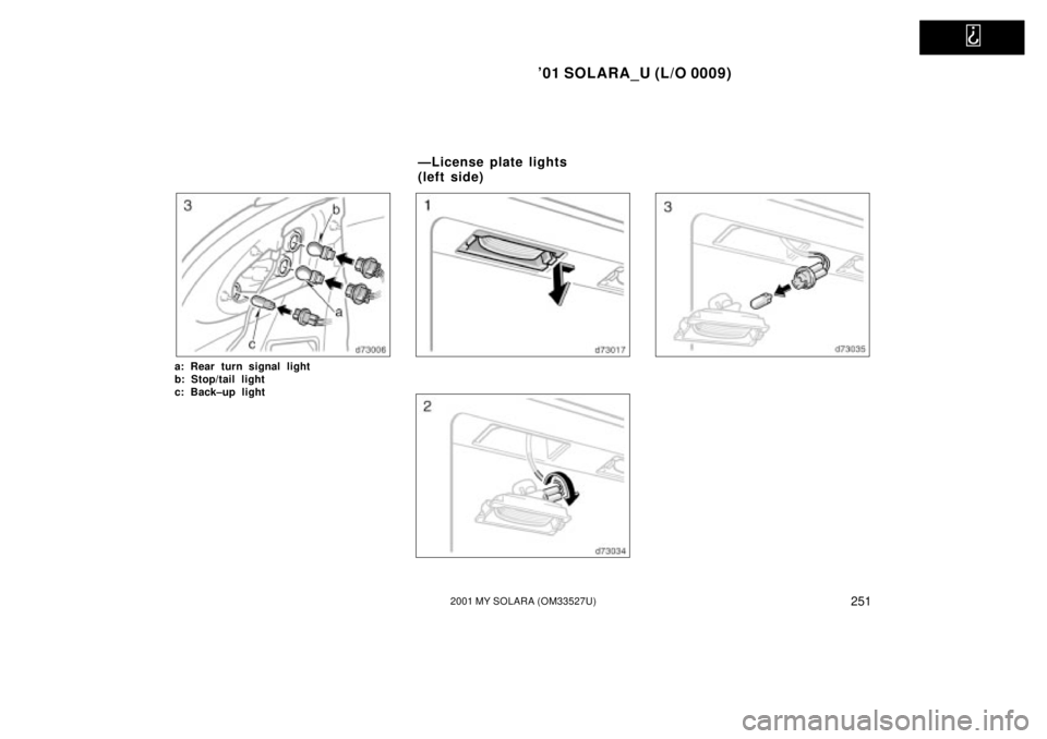 TOYOTA SOLARA 2001  Owners Manual (in English)   
01 SOLARA_U (L/O 0009)
2512001 MY SOLARA (OM33527U)
a: Rear turn signal light
b: Stop/tail light
c: Back±up light
ÐLicense plate lights 
( lef t sid e) 