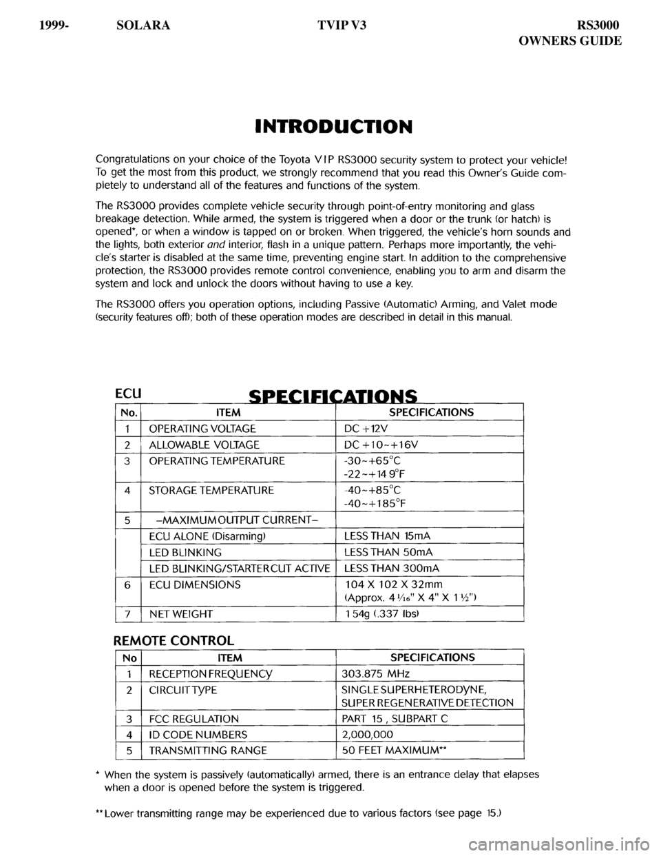 TOYOTA SOLARA 2001 Accessories, Audio & Navigation (in English)
1999- SOLARA TVIP V3 RS3000
OWNERS GUIDE TOYOTA SOLARA 2001 Accessories, Audio & Navigation (in English)
1999- SOLARA TVIP V3 RS3000
OWNERS GUIDE