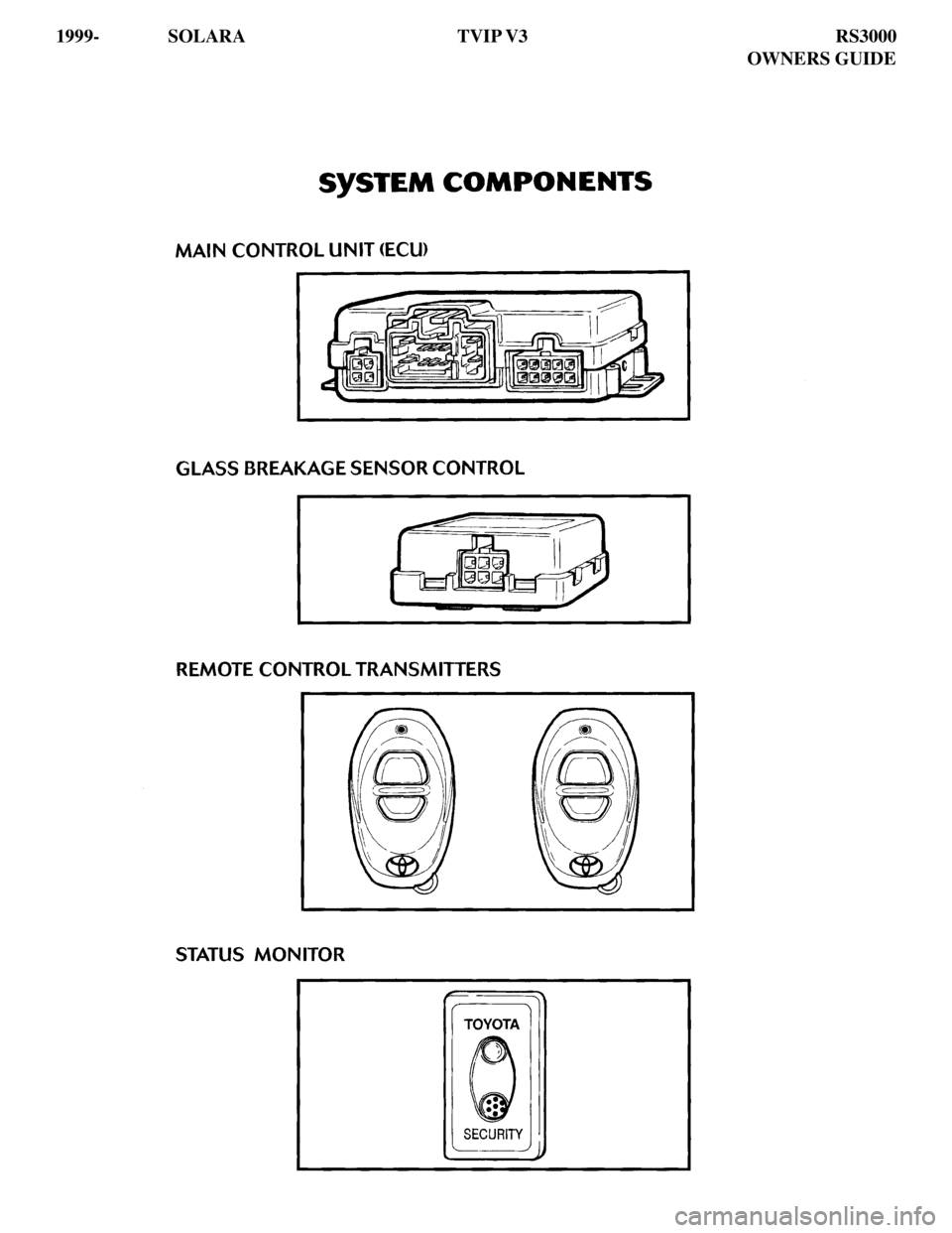 TOYOTA SOLARA 2001 Accessories, Audio & Navigation (in English)
1999- SOLARA TVIP V3 RS3000
OWNERS GUIDE TOYOTA SOLARA 2001 Accessories, Audio & Navigation (in English)
1999- SOLARA TVIP V3 RS3000
OWNERS GUIDE