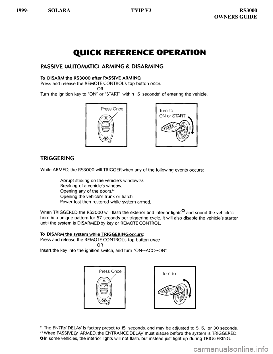TOYOTA SOLARA 2001 Accessories, Audio & Navigation (in English)
1999- SOLARA TVIP V3 RS3000
OWNERS GUIDE TOYOTA SOLARA 2001 Accessories, Audio & Navigation (in English)
1999- SOLARA TVIP V3 RS3000
OWNERS GUIDE