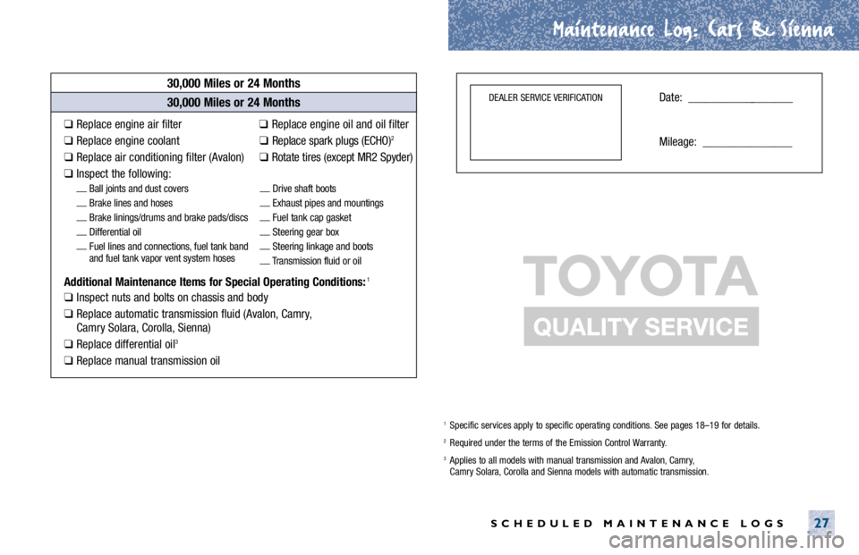 TOYOTA SOLARA 2001 Warranties & Maintenance Guides (in English) Maintenance Log.
. Cars & Sienna
SCHEDULED MAINTENANCE LOGS27
30,000 Miles or 24 Months
❑Replace engine air filter ❑ Replace engine oil and oil filter
❑Replace engine coola TOYOTA SOLARA 2001 Warranties & Maintenance Guides (in English) Maintenance Log.
. Cars & Sienna
SCHEDULED MAINTENANCE LOGS27
30,000 Miles or 24 Months
❑Replace engine air filter ❑ Replace engine oil and oil filter
❑Replace engine coola
