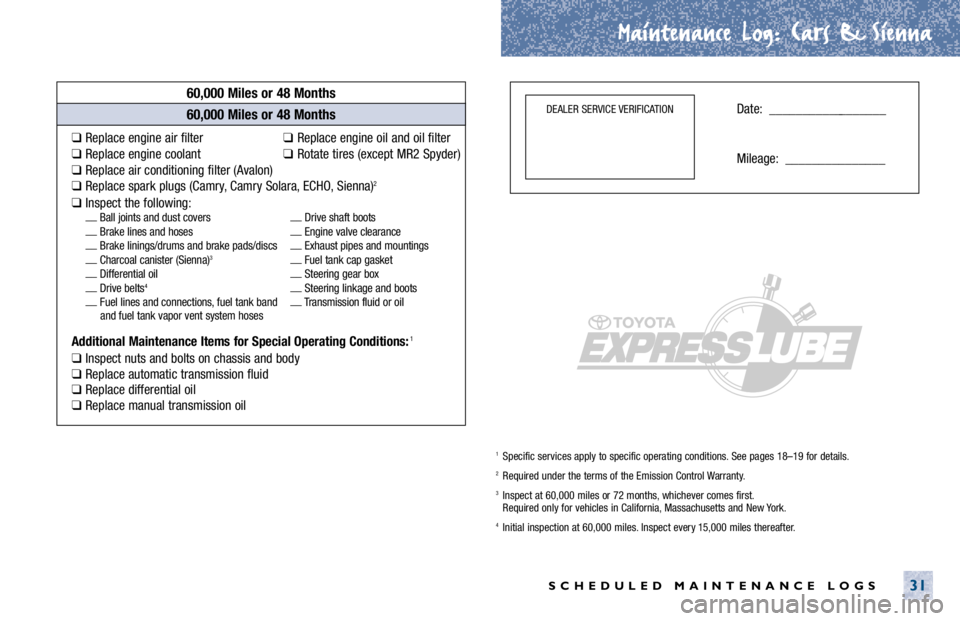 TOYOTA SOLARA 2001 Warranties & Maintenance Guides (in English) Maintenance Log.
. Cars & Sienna
SCHEDULED MAINTENANCE LOGS31
60,000 Miles or 48 Months
❑Replace engine air filter❑Replace engine oil and oil filter
❑Replace engine coolant❑Rotate tires (excep TOYOTA SOLARA 2001 Warranties & Maintenance Guides (in English) Maintenance Log.
. Cars & Sienna
SCHEDULED MAINTENANCE LOGS31
60,000 Miles or 48 Months
❑Replace engine air filter❑Replace engine oil and oil filter
❑Replace engine coolant❑Rotate tires (excep