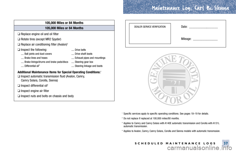 TOYOTA SOLARA 2001 Warranties & Maintenance Guides (in English) Maintenance Log.
. Cars & Sienna
SCHEDULED MAINTENANCE LOGS37
105,000 Miles or 84 Months
❑Replace engine oil and oil filter
❑Rotate tires (except MR2 Spyder)
❑Replace air conditioning filter (Av TOYOTA SOLARA 2001 Warranties & Maintenance Guides (in English) Maintenance Log.
. Cars & Sienna
SCHEDULED MAINTENANCE LOGS37
105,000 Miles or 84 Months
❑Replace engine oil and oil filter
❑Rotate tires (except MR2 Spyder)
❑Replace air conditioning filter (Av