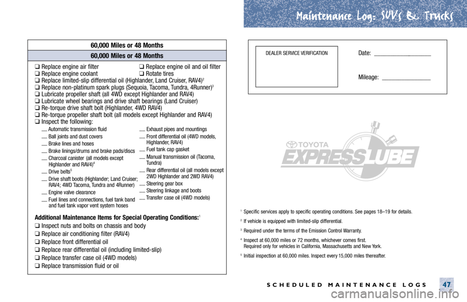 TOYOTA SOLARA 2001 Warranties & Maintenance Guides (in English) Maintenance Log.
. SUVs & Trucks
SCHEDULED MAINTENANCE LOGS47
60,000 Miles or 48 Months
❑Replace engine air filter❑ Replace engine oil and oil filter❑Replace engine coolant❑ Rotate tires❑Rep TOYOTA SOLARA 2001 Warranties & Maintenance Guides (in English) Maintenance Log.
. SUVs & Trucks
SCHEDULED MAINTENANCE LOGS47
60,000 Miles or 48 Months
❑Replace engine air filter❑ Replace engine oil and oil filter❑Replace engine coolant❑ Rotate tires❑Rep