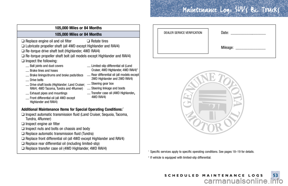 TOYOTA SOLARA 2001 Warranties & Maintenance Guides (in English) Maintenance Log.
. SUVs & Trucks
SCHEDULED MAINTENANCE LOGS53
105,000 Miles or 84 Months
❑Replace engine oil and oil filter❑ Rotate tires
❑Lubricate propeller shaft (all 4WD except Highlander an TOYOTA SOLARA 2001 Warranties & Maintenance Guides (in English) Maintenance Log.
. SUVs & Trucks
SCHEDULED MAINTENANCE LOGS53
105,000 Miles or 84 Months
❑Replace engine oil and oil filter❑ Rotate tires
❑Lubricate propeller shaft (all 4WD except Highlander an