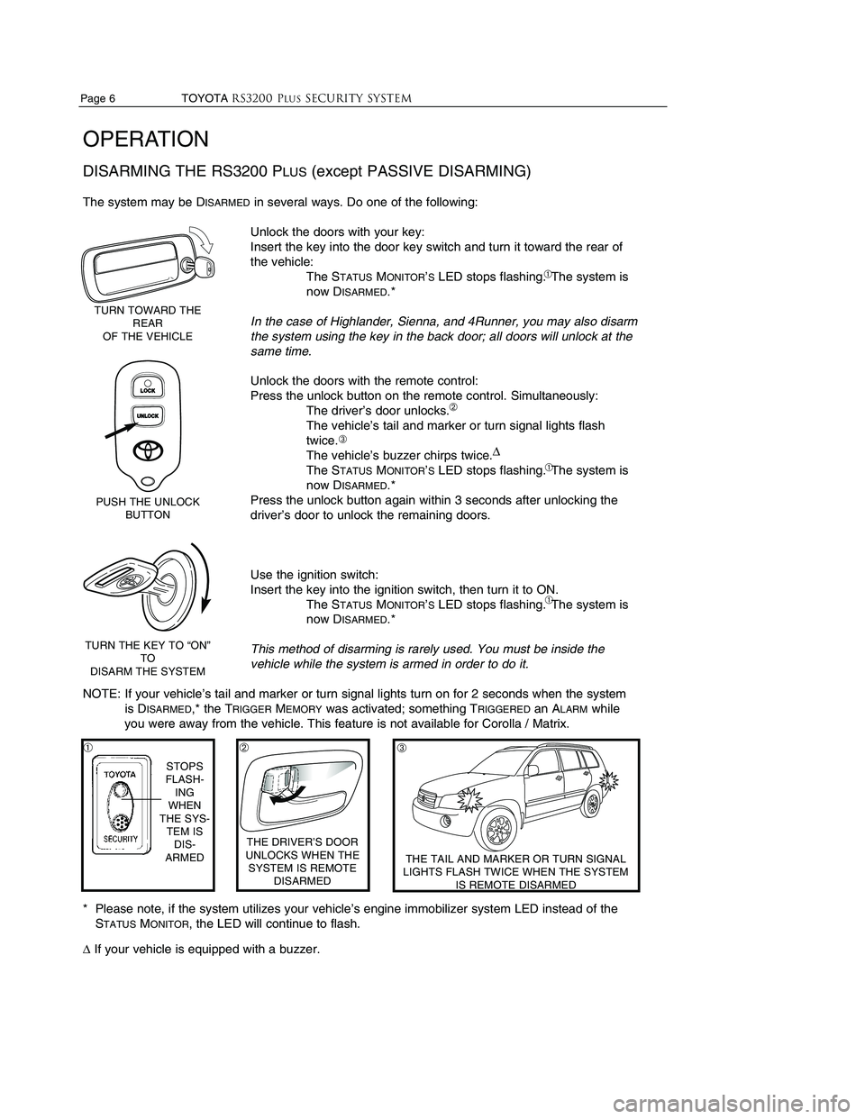 TOYOTA SOLARA 2002  Accessories, Audio & Navigation (in English) Page 6                    TOYOTARS3200 PLUSSecurity system
OPERATION
DISARMING THE RS3200 PLUS(except PASSIVE DISARMING)
The system may be DISARMEDin several ways. Do one of the following: 
Unlock the