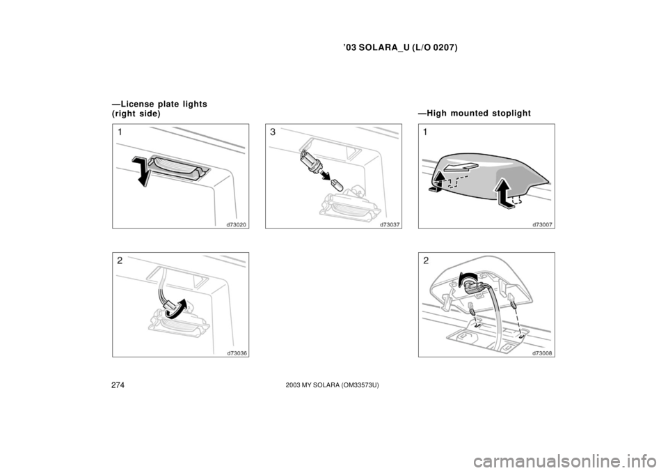 TOYOTA SOLARA 2003  Owners Manual (in English) ’03 SOLARA_U (L/O 0207)
2742003 MY SOLARA (OM33573U)
—License plate lights 
(right side) —High mounted stoplight 