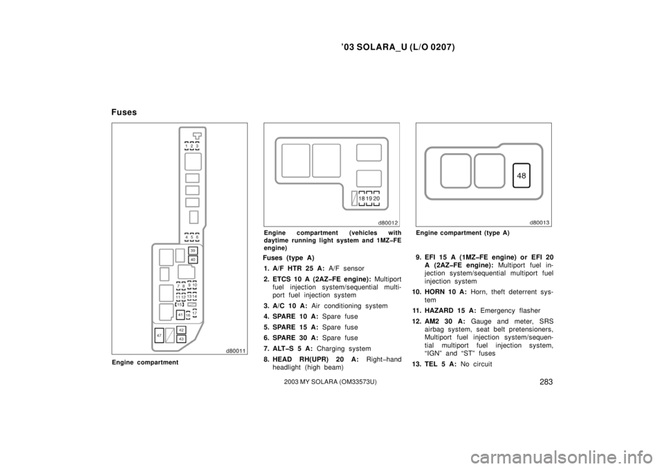 TOYOTA SOLARA 2003  Owners Manual (in English) ’03 SOLARA_U (L/O 0207)
2832003 MY SOLARA (OM33573U)
Engine compartment
Engine compartment (vehicles with
daytime running light system and 1MZ�FE
engine)
Fuses (type A)
1. A/F HTR 25 A:  A/F sensor
