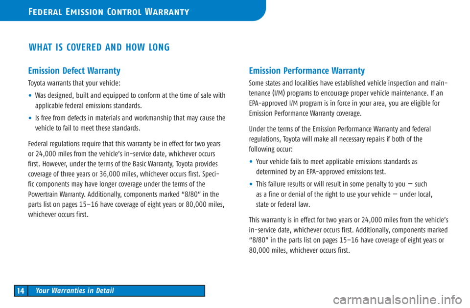 TOYOTA SOLARA 2003   (in English) User Guide Emission Defect Warranty
Toyota warrants that your vehicle:
•Was designed, built and equipped to conform at the time of sale with
applicable federal emissions standards.
•Is free from defects in m