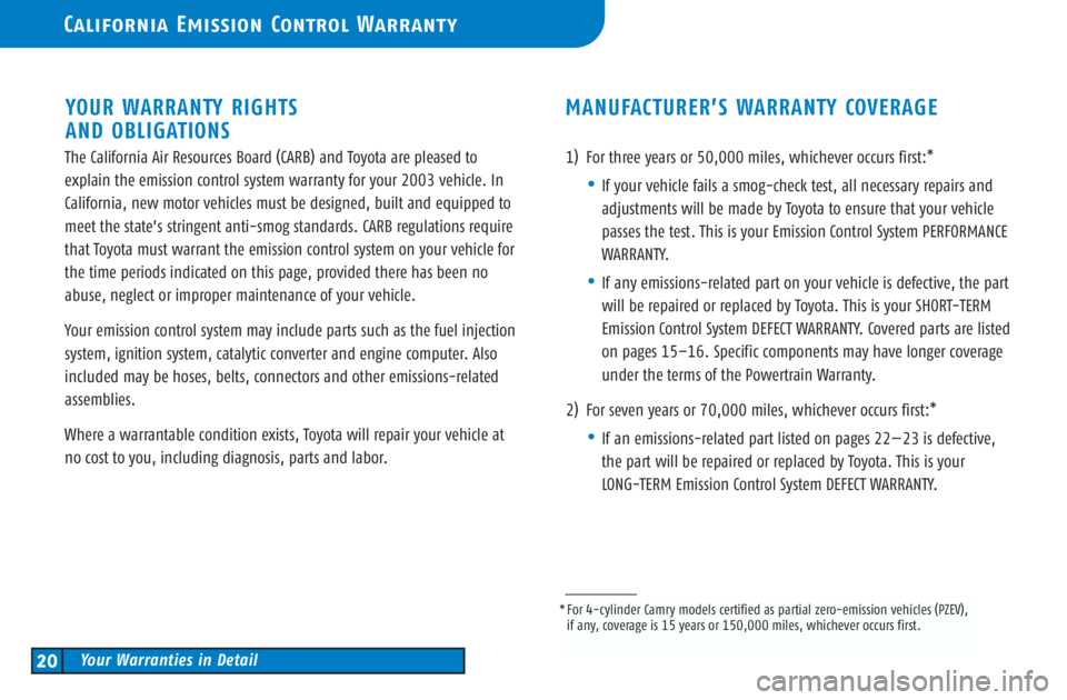 TOYOTA SOLARA 2003   (in English) Owners Manual The California Air Resources Board (CARB) and Toyota are pleased to
explain the emission control system warranty for your 2003 vehicle. In
California, new motor vehicles mustbe designed, built and equ