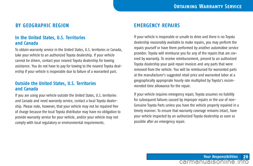 TOYOTA SOLARA 2003   (in English) Owners Manual In the United States, U.S. Territories 
and Canada
To obtain warranty service in the United States, U.S. territories or Canada,
take your vehicle to an authorized Toyota dealership. If your vehicle 
c