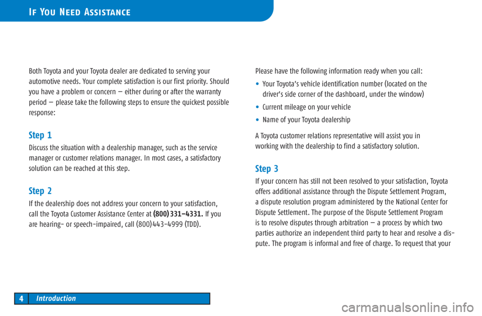 TOYOTA SOLARA 2003 Owners Manual (in English) Both Toyota and your Toyota dealer are dedicated to serving your
automotive needs. Your complete satisfaction is our first priority. Should
you have a problem or concern — either during or after the TOYOTA SOLARA 2003 Owners Manual (in English) Both Toyota and your Toyota dealer are dedicated to serving your
automotive needs. Your complete satisfaction is our first priority. Should
you have a problem or concern — either during or after the