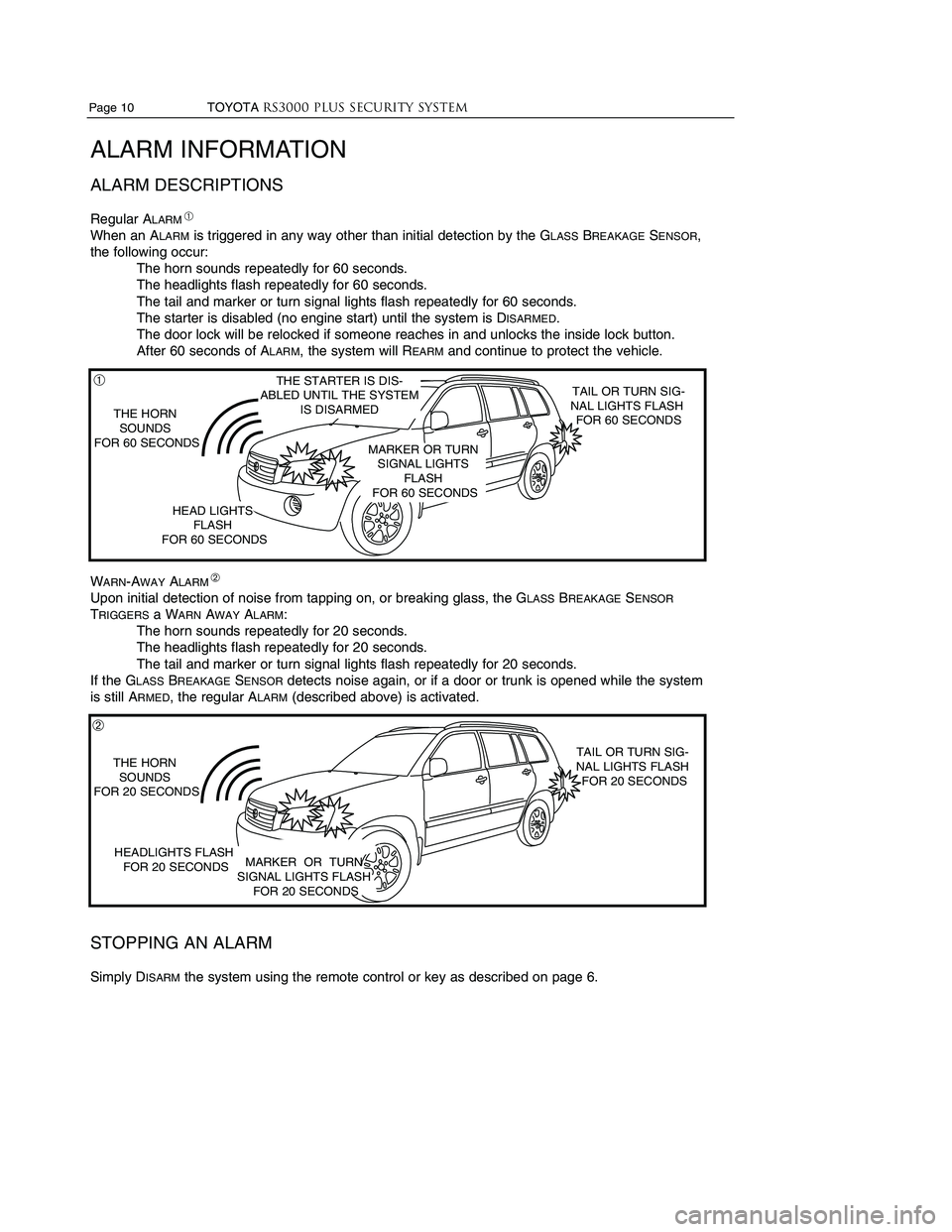 TOYOTA SOLARA 2003  Accessories, Audio & Navigation (in English) TOYOTARS3200 PLUSSecurity systemPage  3
REMOTE
ARMING/DISARMING
AUTOMATIC 
REARMING 
KEY 
ARMING/DISARMING
ARMED MODE
SUSPENSION**
PASSIVE (AUTOMATIC)
ARMING
PASSIVE DISARMING
ADJUSTABLE ENTRY
DELAY 
