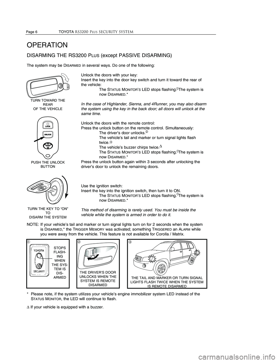 TOYOTA SOLARA 2003 Accessories, Audio & Navigation (in English) Page 6 TOYOTARS3200 PLUSSecurity system
OPERATION
DISARMING THE RS3200 PLUS(except PASSIVE DISARMING)
The system may be DISARMEDin several ways. Do one of the following:
Unlock the TOYOTA SOLARA 2003 Accessories, Audio & Navigation (in English) Page 6 TOYOTARS3200 PLUSSecurity system
OPERATION
DISARMING THE RS3200 PLUS(except PASSIVE DISARMING)
The system may be DISARMEDin several ways. Do one of the following:
Unlock the
