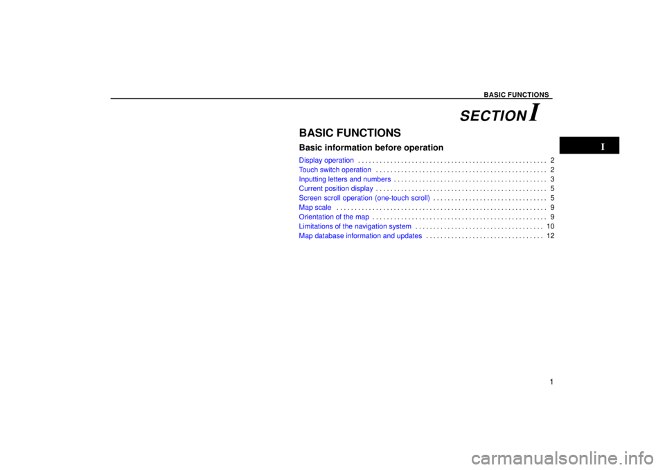 TOYOTA SOLARA 2004  Accessories, Audio & Navigation (in English) BASIC FUNCTIONS
1
BASIC FUNCTIONS
Basic information before operation
Display operation2
. . . . . . . . . . . . . . . . . . . . . . . . . . . . . . . . . . . . .\
 . . . . . . . . . . . . . . . . 
Tou