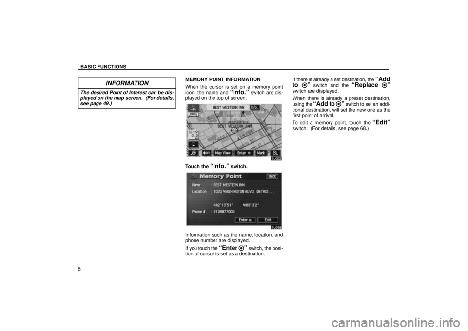 TOYOTA SOLARA 2004  Accessories, Audio & Navigation (in English) BASIC FUNCTIONS
8
INFORMATION
The desired Point of Interest can be dis-played on the map screen.  (For details,see page 49.)
MEMORY POINT INFORMATION
When the cursor is set on a memory point
icon, the