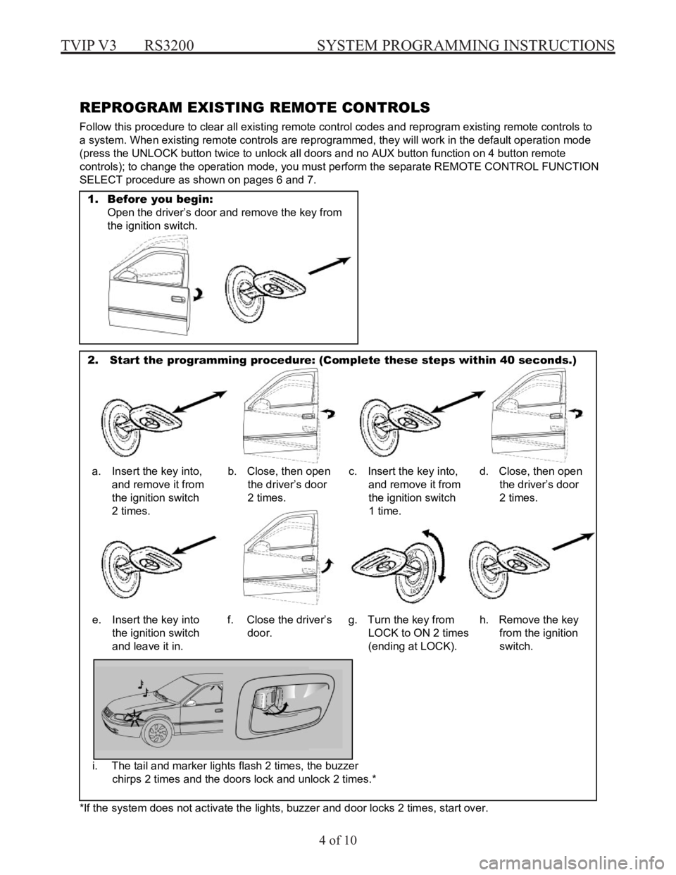 TOYOTA SOLARA 2004 Accessories, Audio & Navigation (in English) TVIP V3 RS3200 SYSTEM PROGRAMMING INSTRUCTIONS
4 of 10
Page 4 TOYOTA TVIP SY STEM PROGRAMMING −RS3200
REPROGRA M EXISTING REM OTE CON TROLS
Follow this procedure to clear all existing remot TOYOTA SOLARA 2004 Accessories, Audio & Navigation (in English) TVIP V3 RS3200 SYSTEM PROGRAMMING INSTRUCTIONS
4 of 10
Page 4 TOYOTA TVIP SY STEM PROGRAMMING −RS3200
REPROGRA M EXISTING REM OTE CON TROLS
Follow this procedure to clear all existing remot