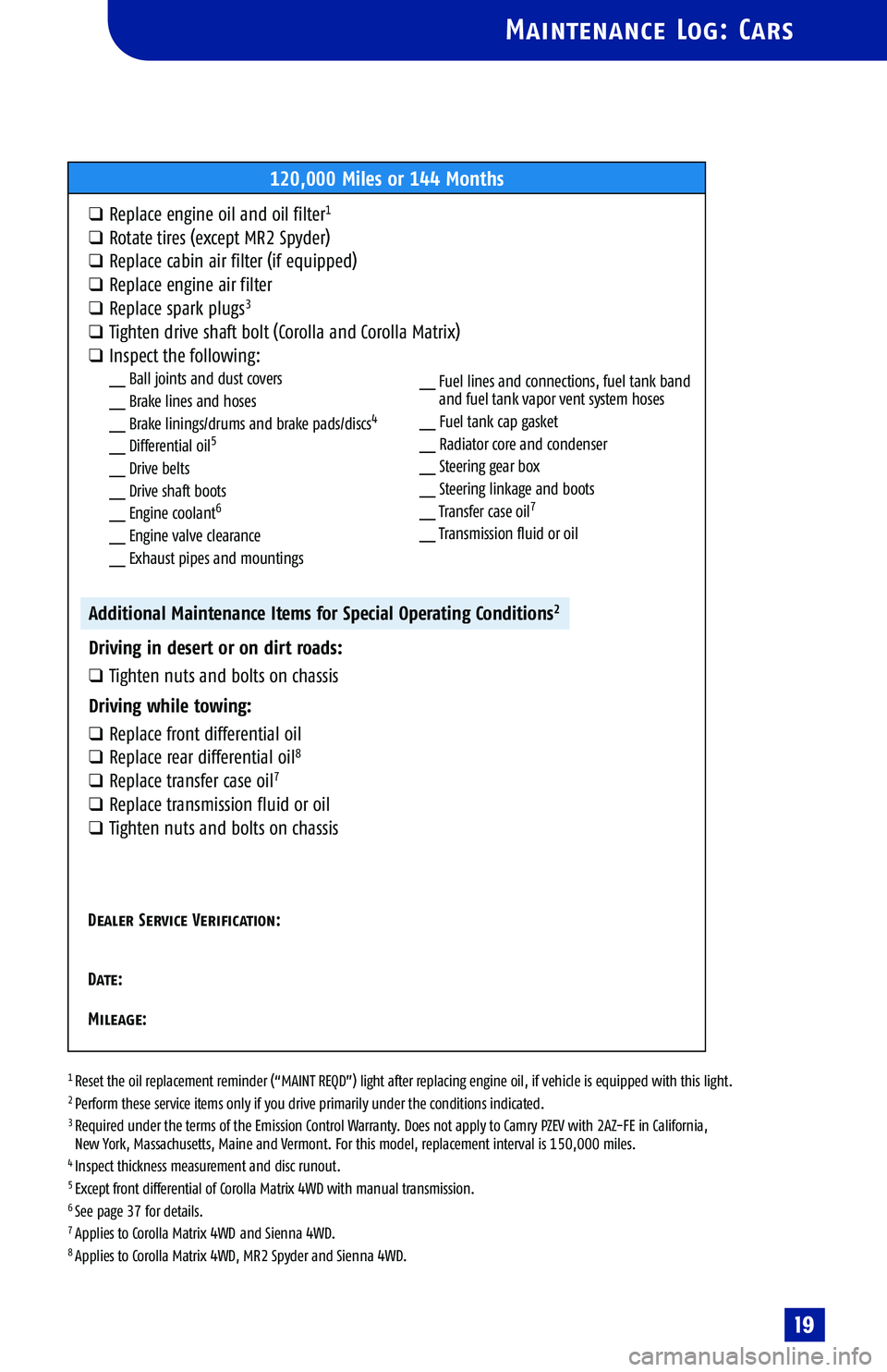 TOYOTA SOLARA 2005  Warranties & Maintenance Guides (in English) 
1 Reset the oil replacement reminder (“MAINT REQD”) light after replacing engine oil, if vehicle is equipped with this light.2 Per form these service items only if you drive primarily under the c