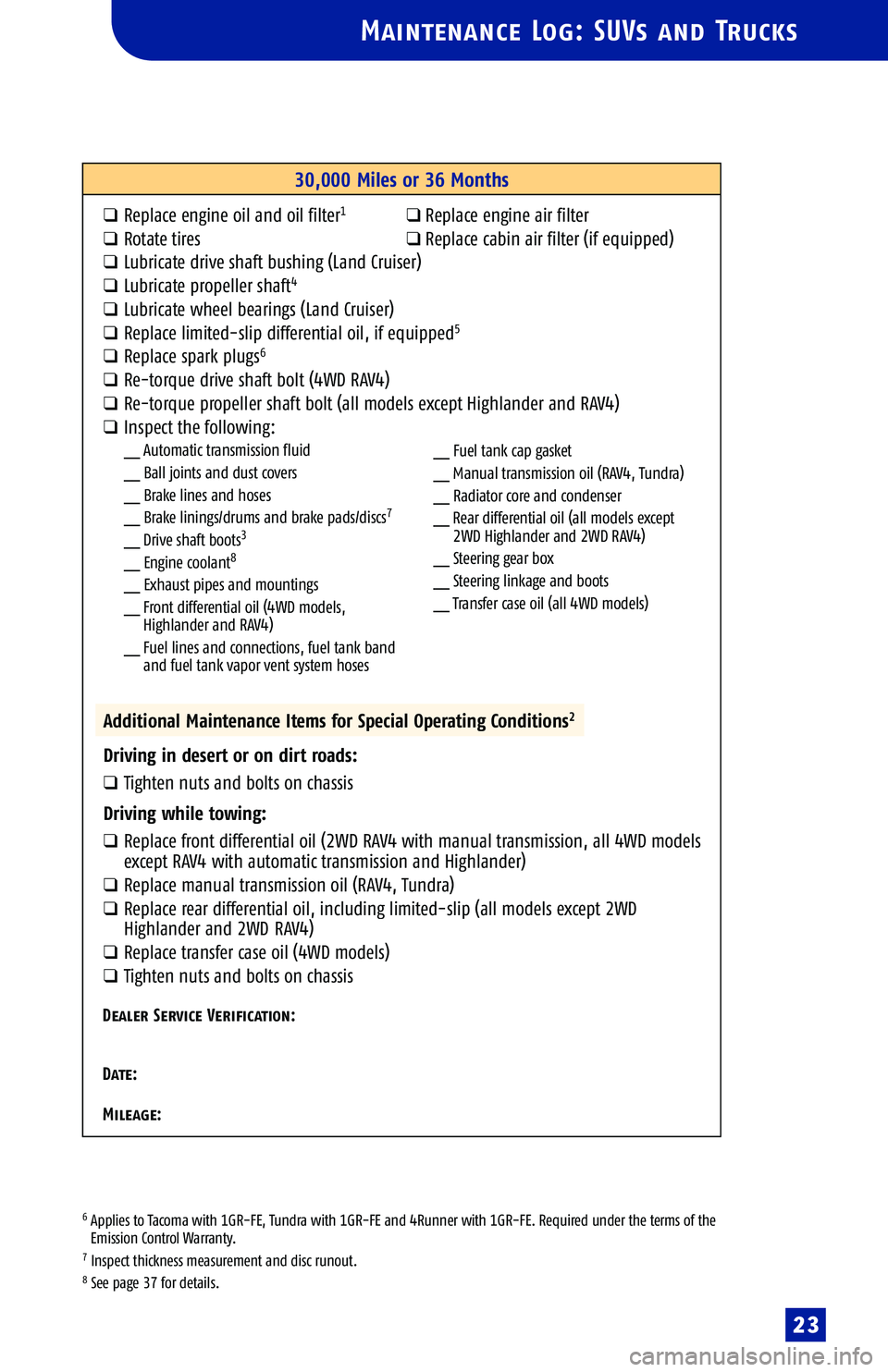 TOYOTA SOLARA 2005  Warranties & Maintenance Guides (in English) 
Maintenance Log: SUVs and Trucks
6Applies to Tacoma with 1GR�FE, Tundra with 1GR�FE and 4Runner with 1GR�FE. Required under the terms of the Emission Control Warranty.
7Inspect thickness measurement 