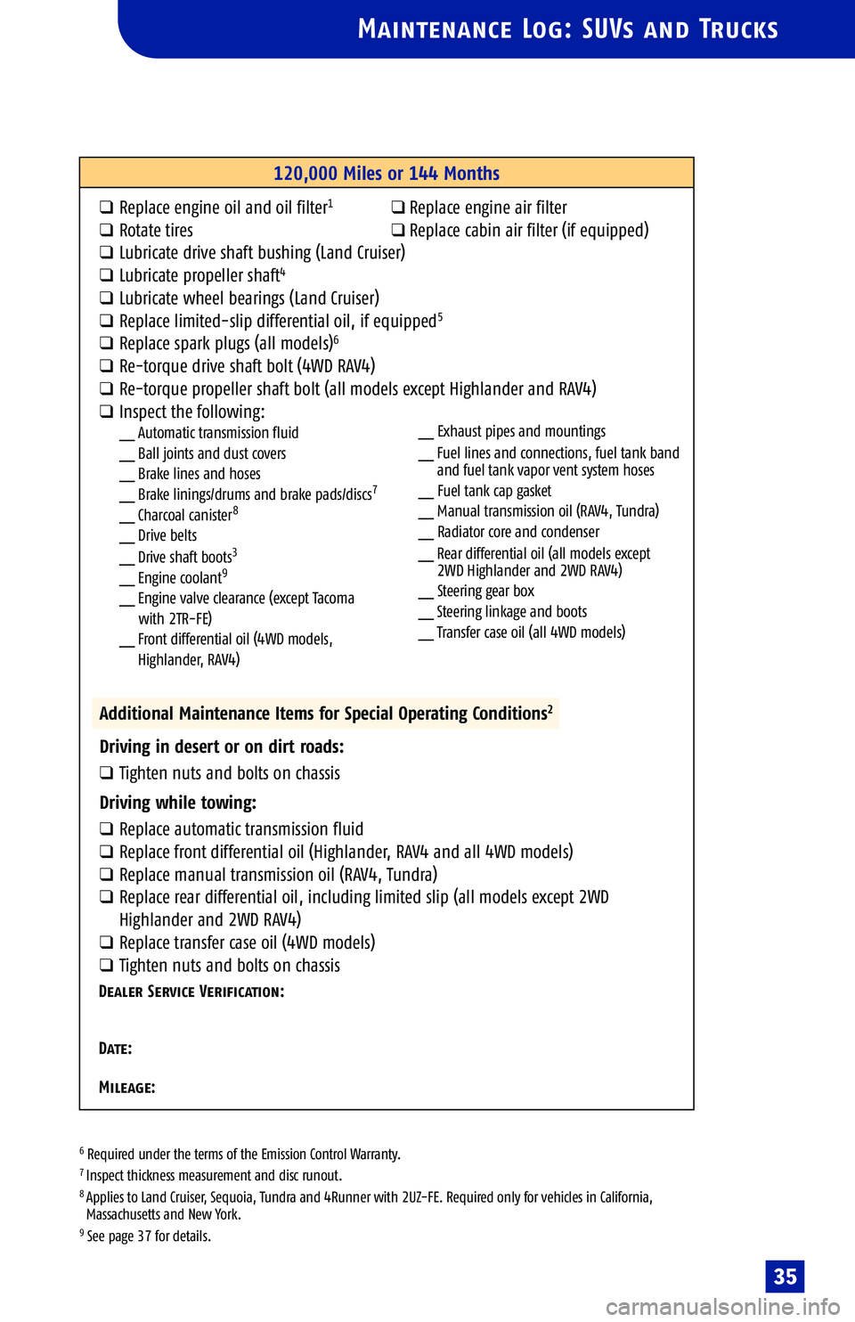 TOYOTA SOLARA 2005  Warranties & Maintenance Guides (in English) 
Maintenance Log: SUVs and Trucks
6Required under the terms of the Emission Control Warranty.7 Inspect thickness measurement and disc runout.8 Applies to Land Cruiser, Sequoia, Tundra and 4Runner with