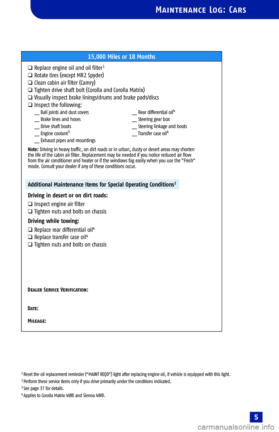 TOYOTA SOLARA 2005  Warranties & Maintenance Guides (in English) 
1 Reset the oil replacement reminder (“MAINT REQD”) light after replacing engine oil, if vehicle is equipped with this light.2 Perform these service items only if you drive primarily under the co