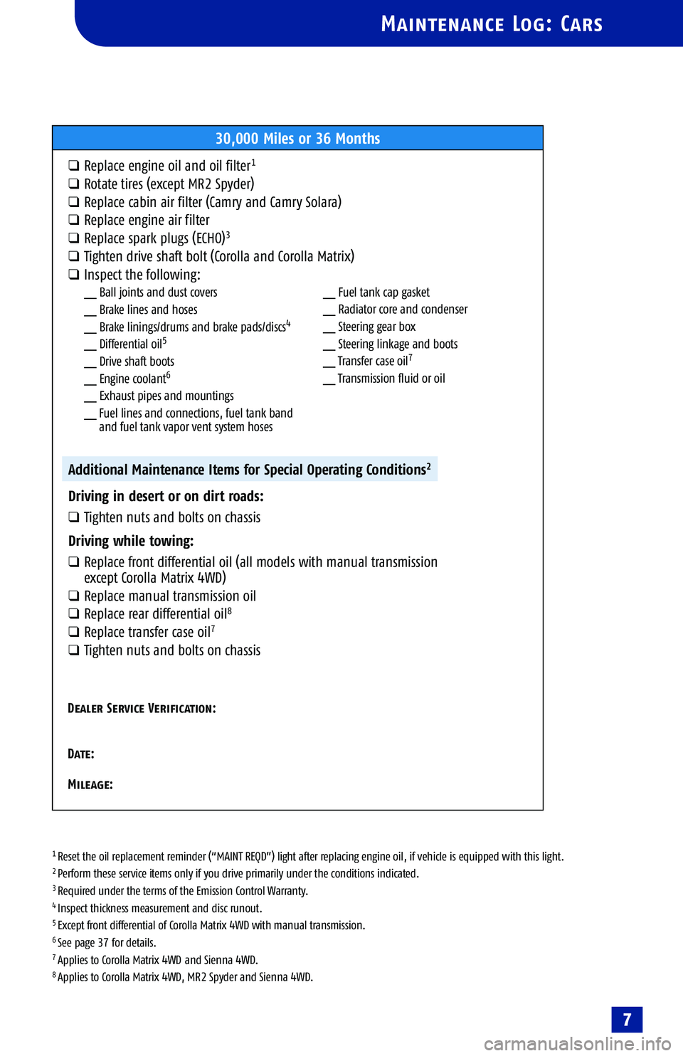 TOYOTA SOLARA 2005  Warranties & Maintenance Guides (in English) 
1 Reset the oil replacement reminder (“MAINT REQD”) light after replacing engine oil, if vehicle is equipped with this light.2 Perform these service items only if you drive primarily under the co