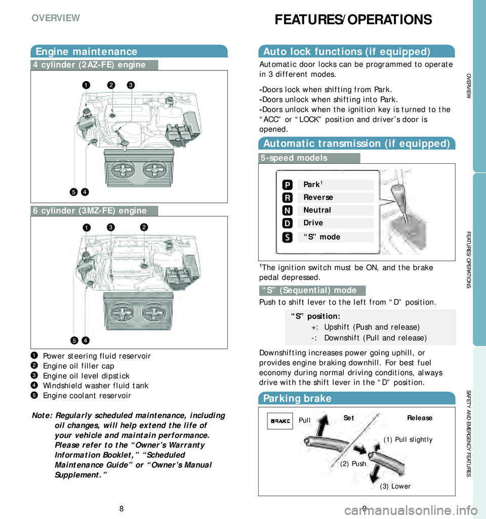 TOYOTA SOLARA 2006 Owners Manual (in English) 9
OVERVIEW
FEATURES/OPERATIONS
SAFETY AND EMERGENCY FEATURES
8
OVERVIEWFEATURES/OPERATIONS
Engine maintenance
4cylinder (2AZ-FE) engine
6 cylinder (3MZ-FE) engine
Power steering fluid reservoir
Engine TOYOTA SOLARA 2006 Owners Manual (in English) 9
OVERVIEW
FEATURES/OPERATIONS
SAFETY AND EMERGENCY FEATURES
8
OVERVIEWFEATURES/OPERATIONS
Engine maintenance
4cylinder (2AZ-FE) engine
6 cylinder (3MZ-FE) engine
Power steering fluid reservoir
Engine