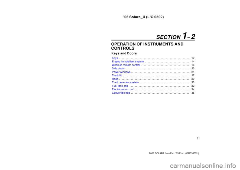 TOYOTA SOLARA 2006 (in English) User Guide ’06 Solara_U (L/O 0502)
11
2006 SOLARA from Feb. ’05 Prod. (OM33667U)
OPERATION OF INSTRUMENTS AND
CONTROLS
Keys and Doors
Keys12
. . . . . . . . . . . . . . . . . . . . . . . . . . . . . . . . . TOYOTA SOLARA 2006 (in English) User Guide ’06 Solara_U (L/O 0502)
11
2006 SOLARA from Feb. ’05 Prod. (OM33667U)
OPERATION OF INSTRUMENTS AND
CONTROLS
Keys and Doors
Keys12
. . . . . . . . . . . . . . . . . . . . . . . . . . . . . . . . .