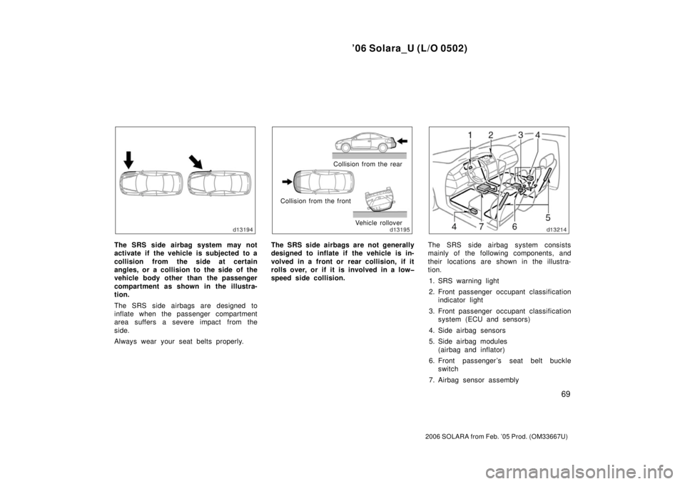 TOYOTA SOLARA 2006   (in English) Manual PDF ’06 Solara_U (L/O 0502)
69
2006 SOLARA from Feb. ’05 Prod. (OM33667U)
The SRS side airbag system may not
activate if the vehicle is subjected to a
collision from the side at certain
angles, or a c